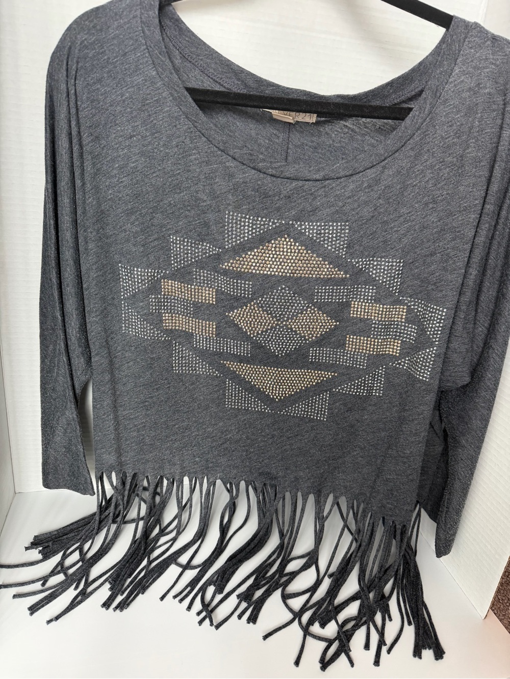 Forever 21, Fringed Grey Long-Sleeve Top with Metallic Aztec Detail